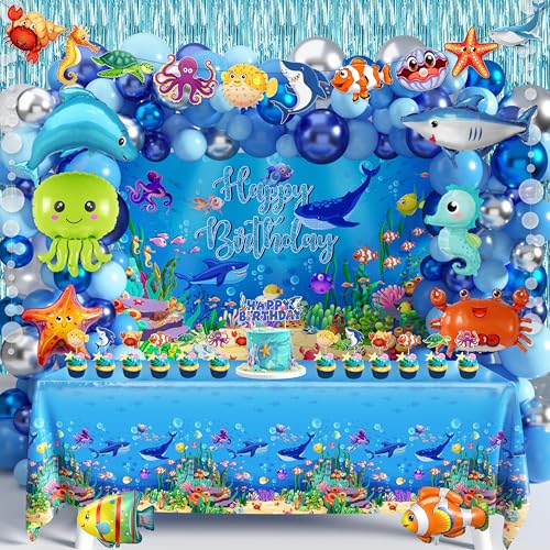 Under the Sea Party Decorations 98Pcs, Ocean Theme Birthday Party Supplies Include Backdrop Tablecloth Bubble Garlands Cak...