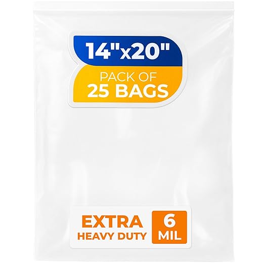 14" x 20" Large Zip Seal Lock Bags, 6 Mil (Pack of 25) – Heavy-Duty Reclosable Plastic Bags – Clear, Resealable, Waterproof – For Storing and Organizing Clothes, Jewelry, and Travel Items