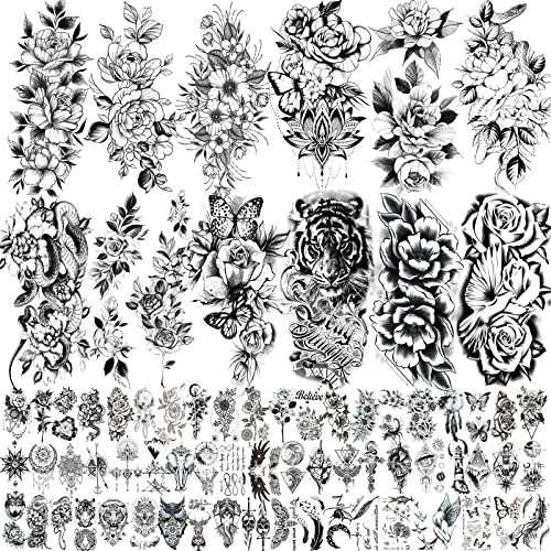 72 Sheets 3D Flowers Temporary Tattoos for Women Adult, Including 12 Sheets Large Fake Tattoos That Look Real and Last Long, Waterproof Rose Moon Butterfly Tiger Snake Tattoos and Flowers Tattoos