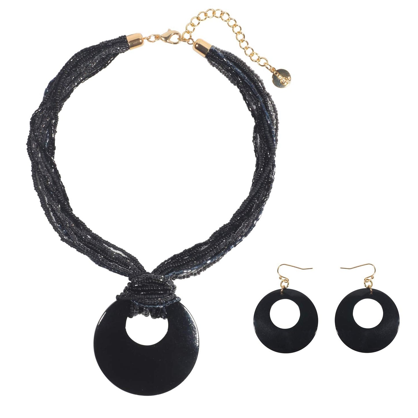 Coiris Multi Strand Statement Colorful Beaded Necklace with Big Circle Shell Pendant for Women (N0055-Black)