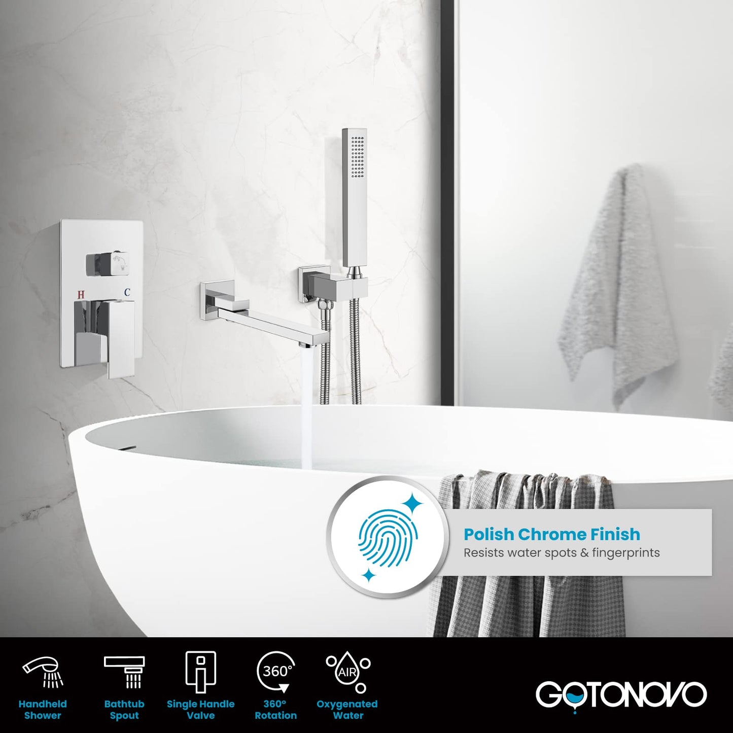 gotonovo Wall Mounted Bathtub Faucet with Hand Held Sprayer,Tub Shower Faucet Set,Single Handle Bathroom Shower System Mixer for Tub,Rough-In Valve Included Swivel Tub Spout Polished Chrome