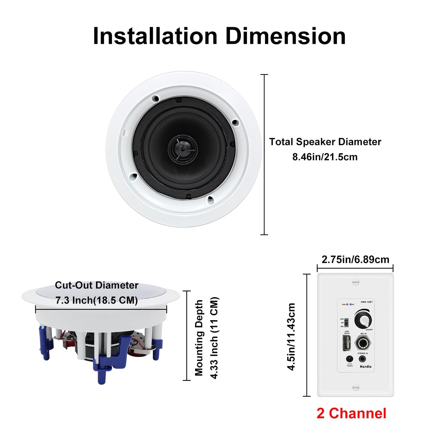 Herdio 5.25'' Home Audio Package Wall Mount Bluetooth Amplifier Receiver System with 300W in Ceiling Wall Passive Speakers Great for Home Theater Office Bathroom Kitchen Living Room (A Pair)