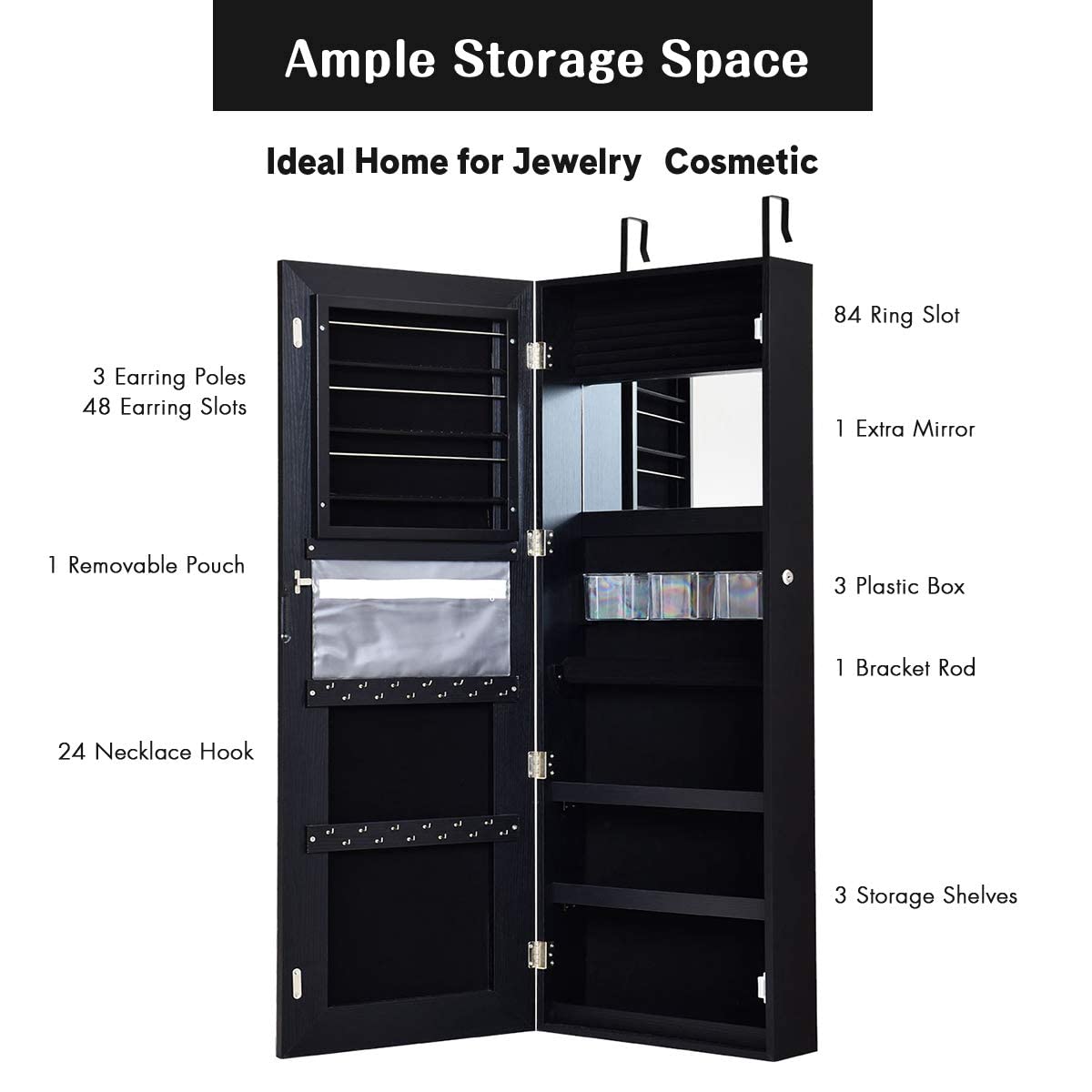 MAT EXPERT Wall/Door Mounted Mirror Jewelry Armoire, Jewelry Cabinet w/LED Lights & Touch-Screen Lighted Mirror, Makeup Jewel Storage Hanging Cabinet, Lockable Dressing Jewelry Organizer (Black)