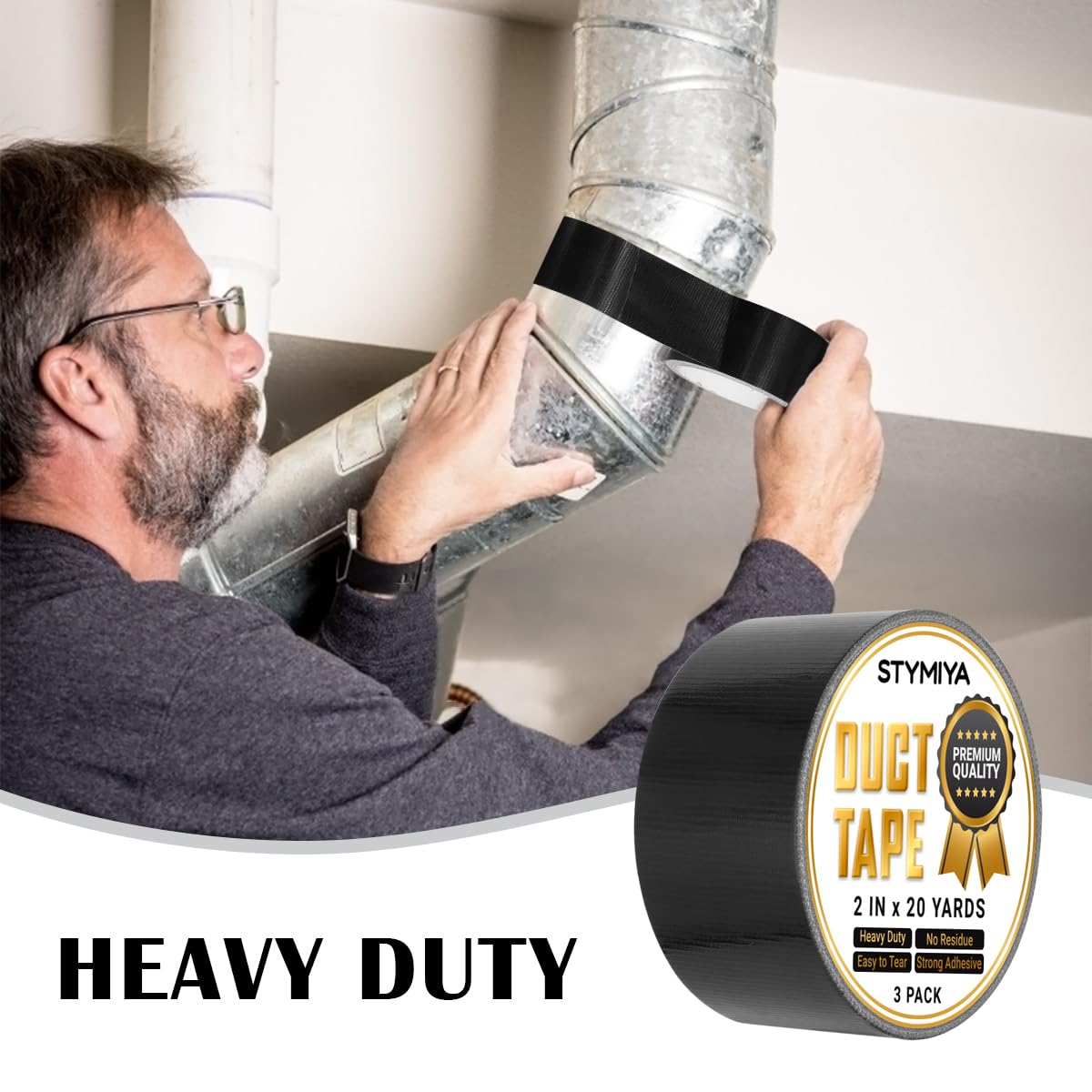 Black Duct Tape Heavy Duty: 3 Rolls 2''x20yd Wide Waterproof Outdoor Duck Furniture Repair Tape Bulk - Strong Adhesive Weather UV Resistant No-Residue Masking Tapes Patterns Variety Pack (Black)