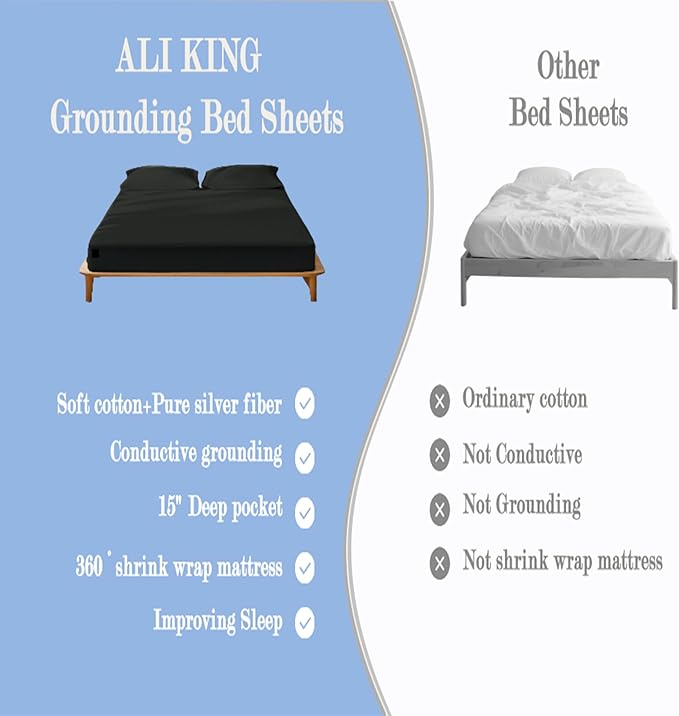 Ali King Grounding Sheets - King Size, Soft Cotton with Silver Fiber, 15'' Deep Pocket Earth Grounding Fitted Bed Sheets for Improved Sleep (Black, King 76''*80''*15'')