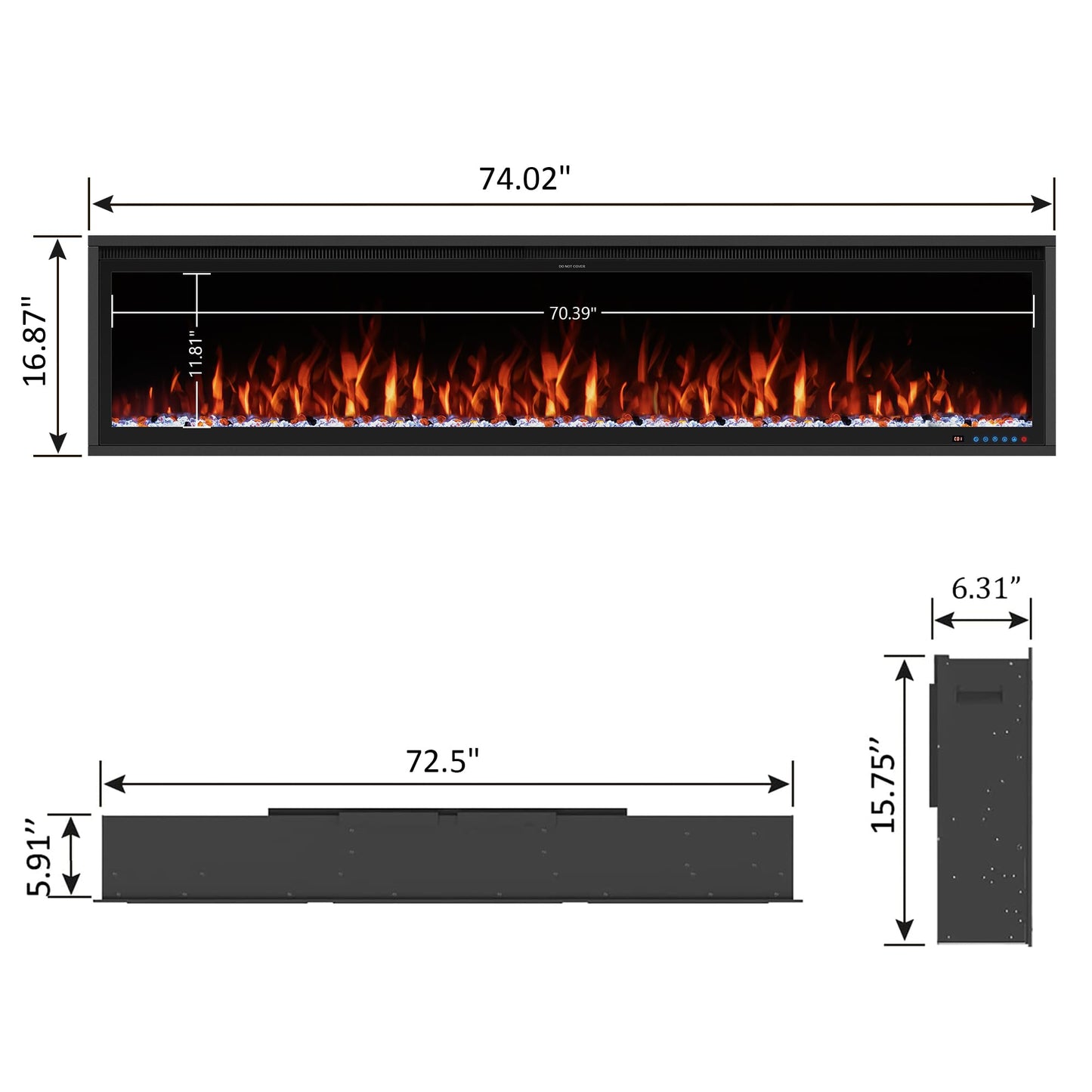 Benrocks 74'' Slim Electric Fireplace Inserts - WiFi-Enabled, Alexa & App Control, Recessed & Wall Mounted, 13 * 13 * 3 Flame Color Combinations, 750W/1500W, Black