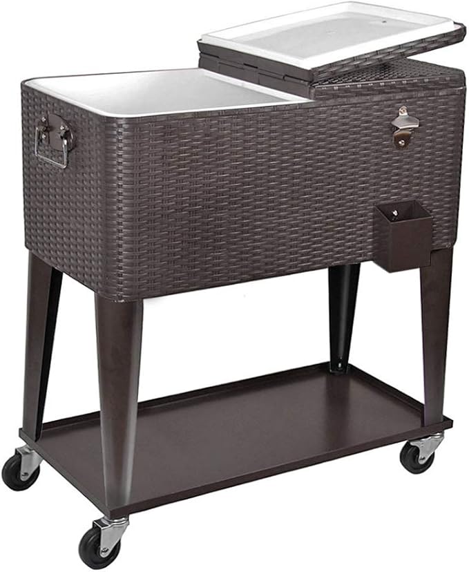 80 Quart Qt Rolling Cooler Ice Chest Cart for Outdoor Patio Deck Party, Dark Brown Wicker Faux Rattan Tub Trolley, Portabl...