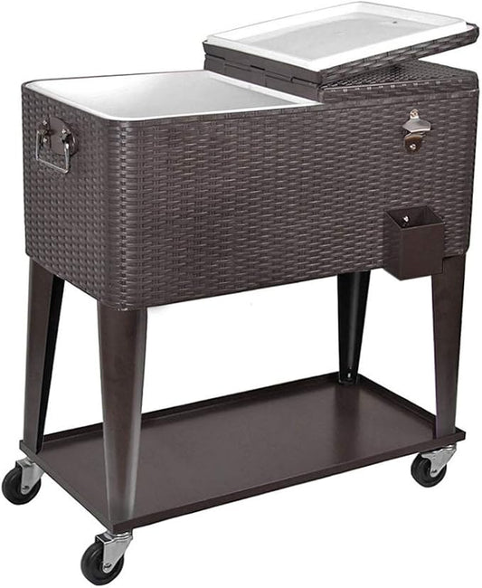 80 Quart Qt Rolling Cooler Ice Chest Cart for Outdoor Patio Deck Party, Dark Brown Wicker Faux Rattan Tub Trolley, Portabl...
