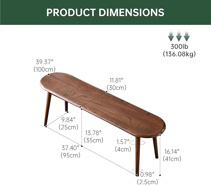 Vadisun 100% Solid Oak Wood Dining Bench, 39.5'' Entryway Bench Ottoman with Rounding Corner Design for Kitchen Living Room Bedroom, Walnut