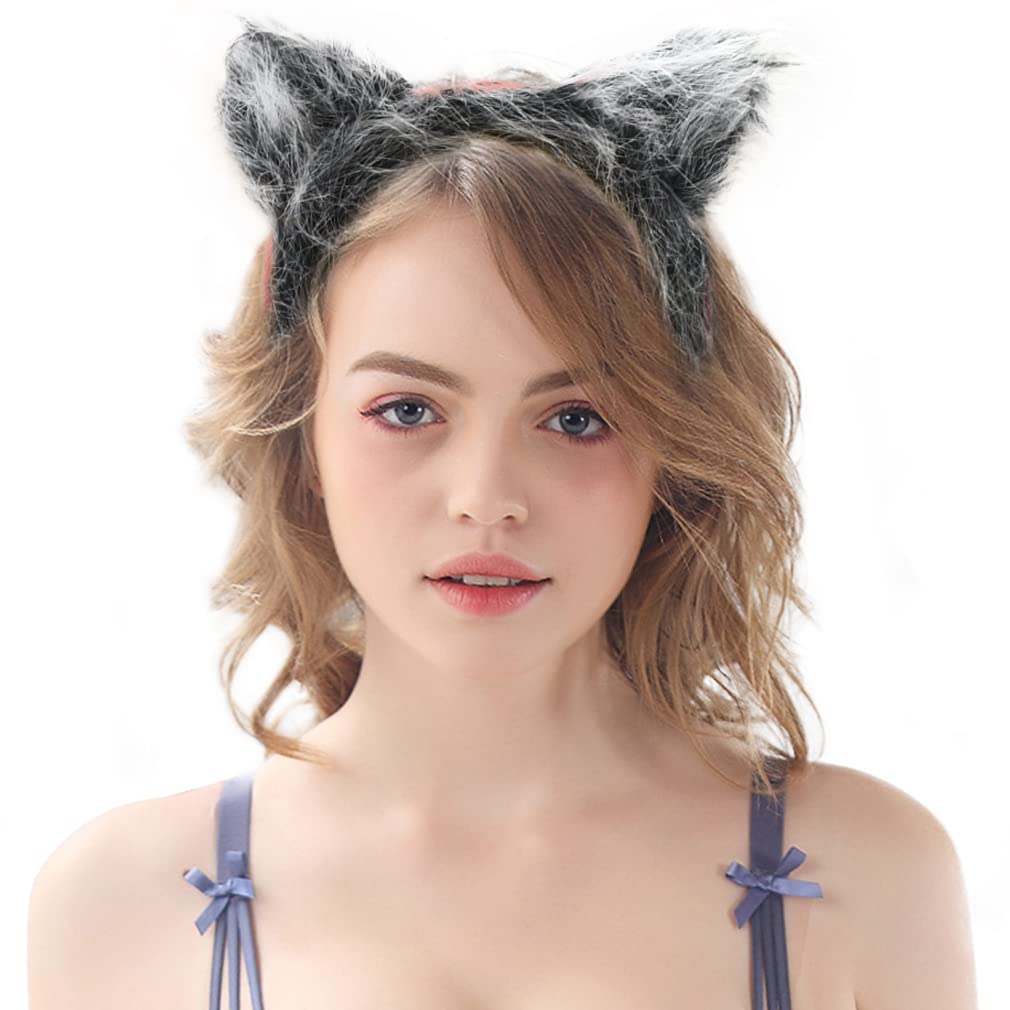 HODRME Plush Grey Wolf Ears Headband-Halloween Christmas Festival Theme Party Animal Cosplay Costume Headbands