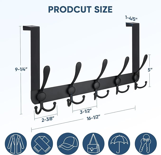TICONN Over The Door Hooks, 5 Heavy Duty Tri Coat Rack All Metal Coat Hanger for Bathroom Bedroom Dorm (Matte Black, 2PK, Fit 1-3/4" Doors)