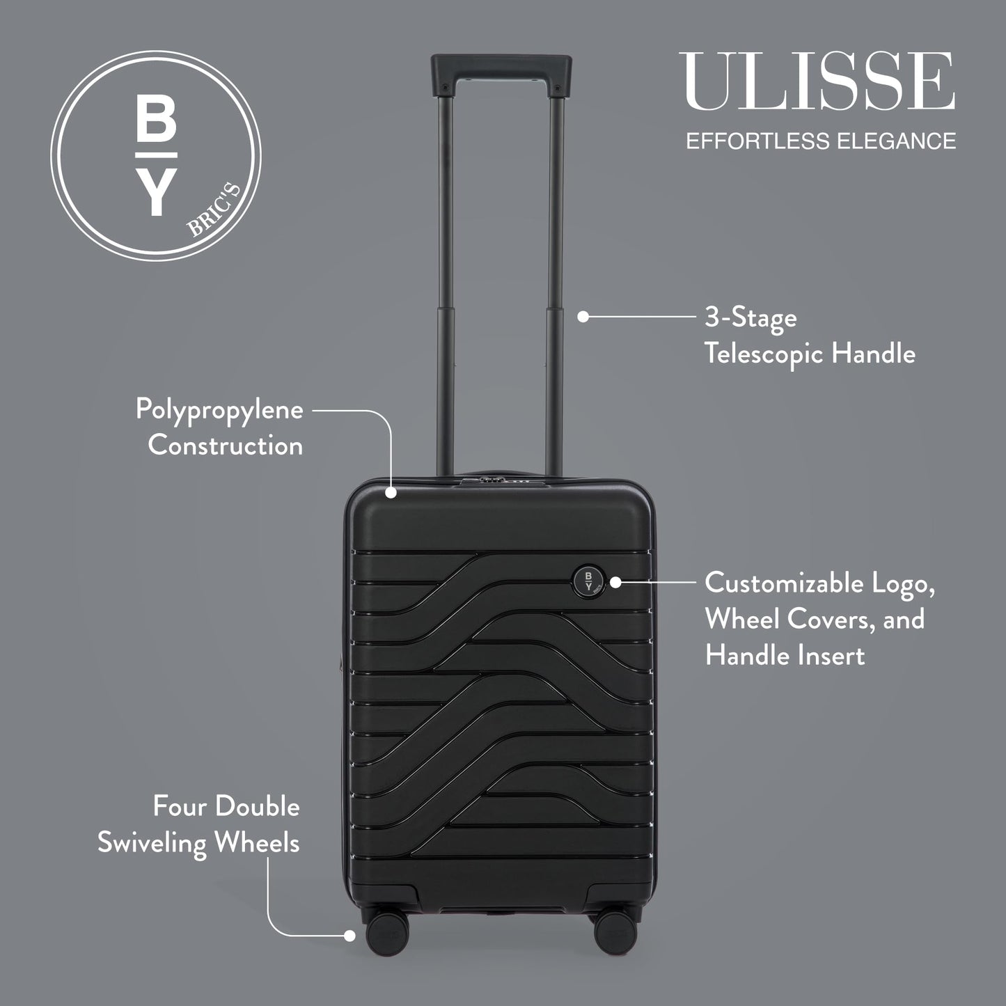 Bric's B|Y Ulisse Carry-On Luggage with Spinner Wheels – Airline Approved Hard Shell Suitcase, TSA Combination Lock & USB Port - Removeable Wash Bag Included - 21 Inch, Black