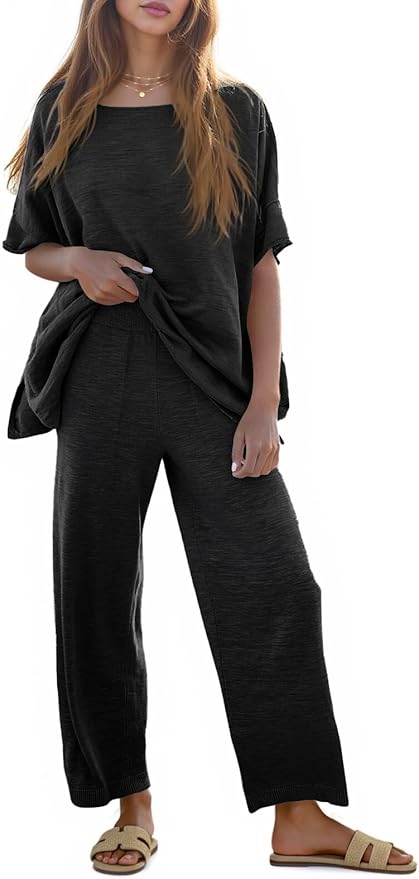 Tankaneo Women's 2 Piece Travel Outfits Casual Short Sleeve Knit Sweater Set Wide Leg Pants Lounge Sets Tracksuit