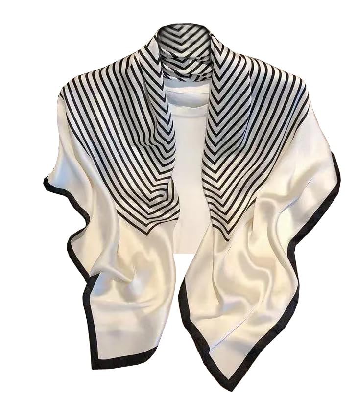 FairyCity Luxury Silk Square Scarf, Black and White Striped Pattern, Classic Geometric Design 35 inches