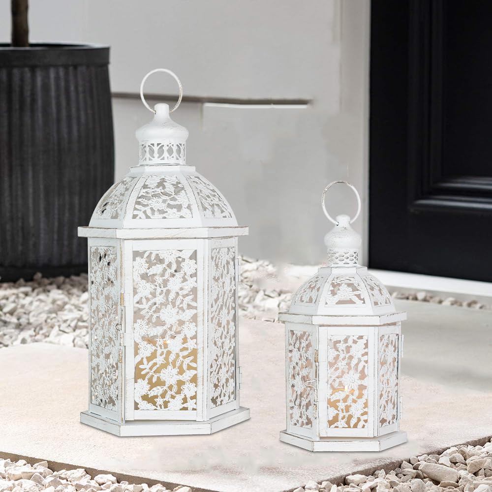 Lanterns Decorative Outdoor&Indoor, Set of 2 (15"&7") White Metal Lantern Decor, Candle Holder for Porch, Patio, Christmas, Balcony, Wedding, Table Centerpiece