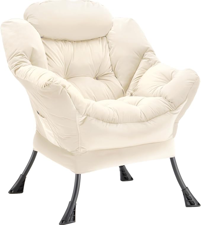 Youtanic Lazy Chair Thick Padded, Comfy Velvet Accent Lounge Chair with Stable Frame, Leisure Sofa Armchair with Armrests and Side Pocket, Reading Chair for Bedroom, Living Room, Office, Beige