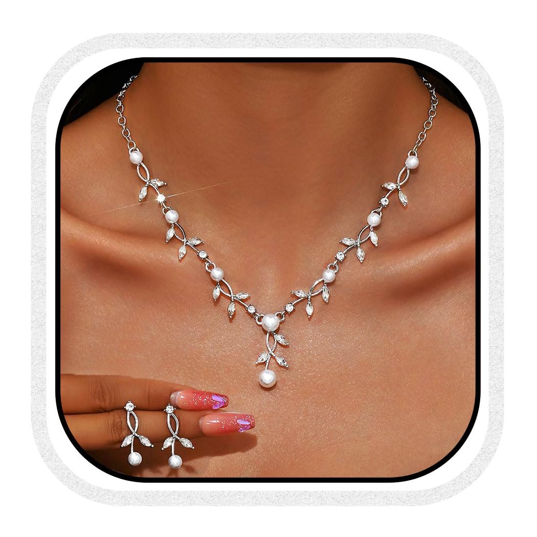 Unicra Silver Pearl Necklace Earrings Sets Rhinestone Bridal Wedding Jewelry Set Formal Prom Costume Jewelry Sets for Women and