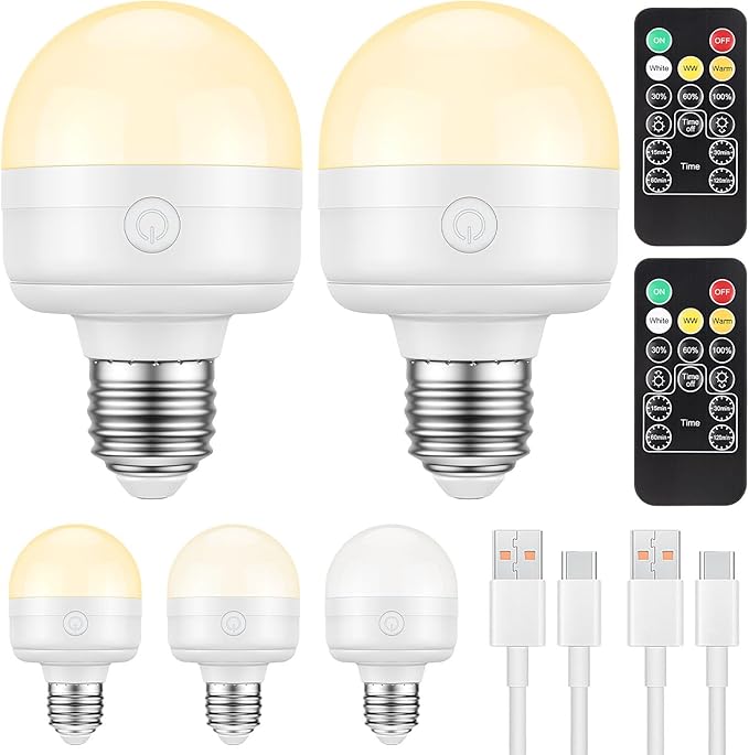 2Packs E26 Rechargeable Light Bulbs with Remote and Timer, 8W 600lm Bright Magnetic Light Bulbs, 2500mAh Battery Operated Lightbulbs, 3 Color Temperature, Dimmer for Non-Hardwired Lamp