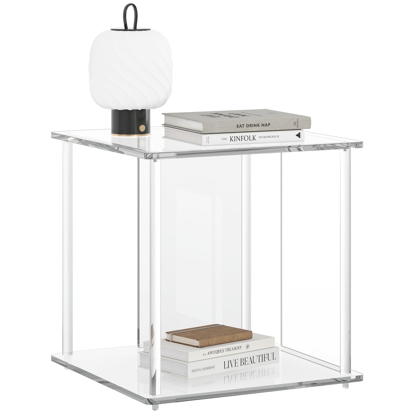 Modern Side Table, Small End Table, Acrylic Transparent Nightstand with Storage for Living Room, Bedroom, Office, Bedside, Square, Clear