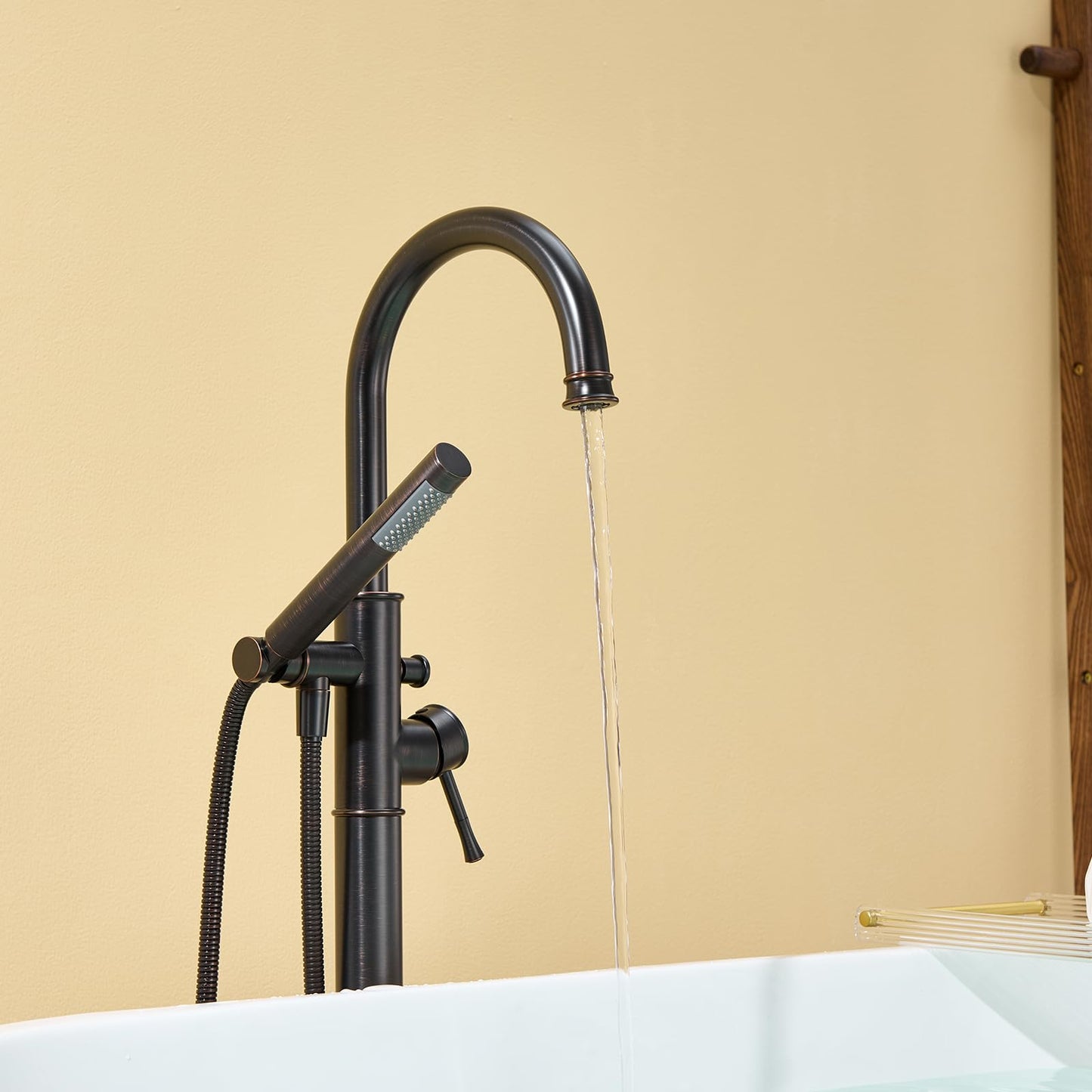 Wowkk Free Standing Tub Faucet Oil Rubbed Bronze Freestanding Bathtub Faucet Floor Mount Brass Bathroom Tub Filler with Hand Shower