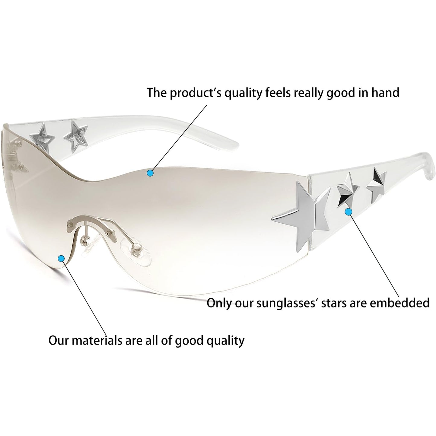 Haqptul Rimless Y2K Sunglasses Star Wrap Around Glasses 2000S Accessories for Women Men Trendy Fashion Cool Shield Shades (Transparent)