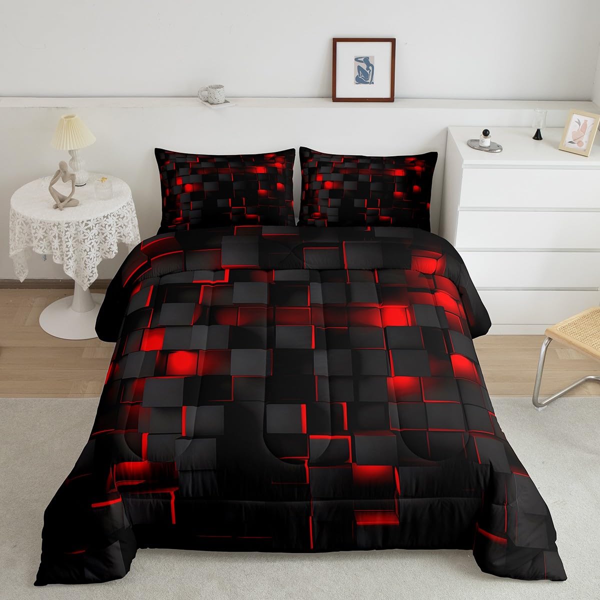 Feelyou Red and Black Bedding Set Queen Size Light Geometric Comforter Set for Kids Boys Girls Geometry Decor Comforter Modern Duvet Set