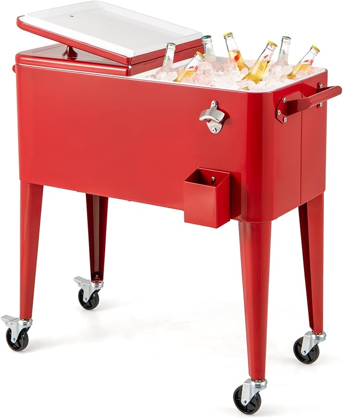 Goplus 80-Quart Rolling Ice Chest, Outdoor Cooler Cart with Wheels, Side Handles, Bottle Opener & Cap Catcher, Portable In...