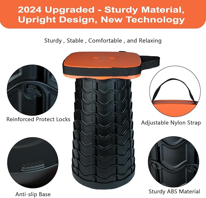 Outward Gear Upgraded Collapsible Stool Heavy Duty 550lbs Load Capacity Portable Folding Chair for Adults Camping Stool Sturdy Foldable Stool (Orange)