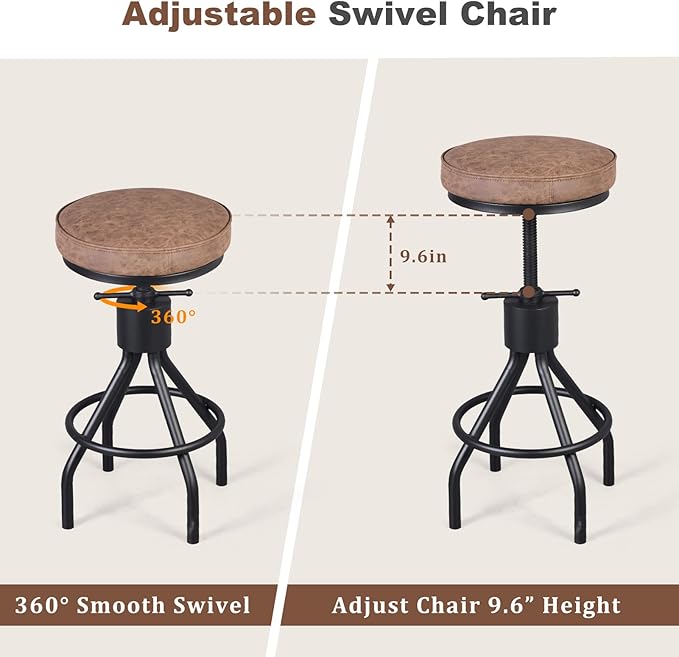 BOKKOLIK Set of 2-Vintage Bar Stool Swivel PU Leather Seat Kitchen Island Workbench Chair Height Adjustable 23-31 inch