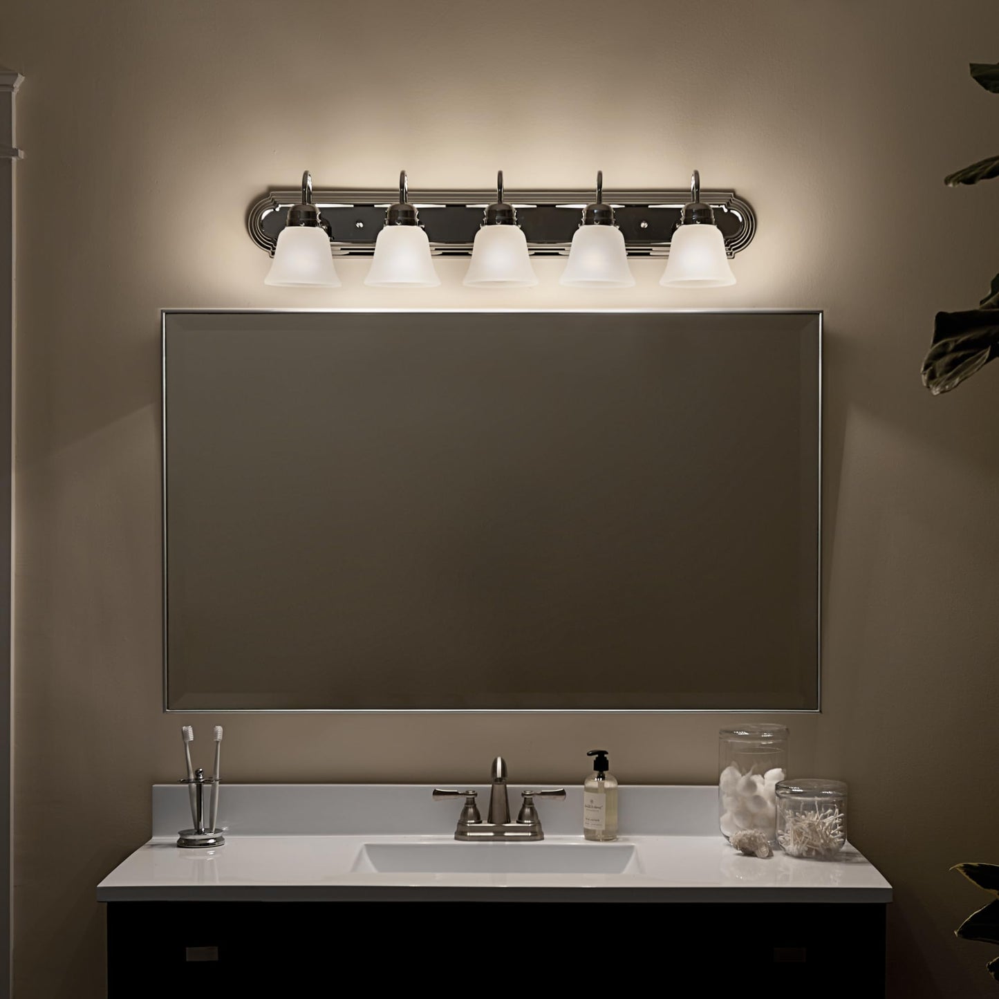 Kichler 36" Bathroom Vanity Light with Satin Etched Glass, 5-Light Traditional Design in Tannery Bronze, (36"x8"x8"), 5339CHS