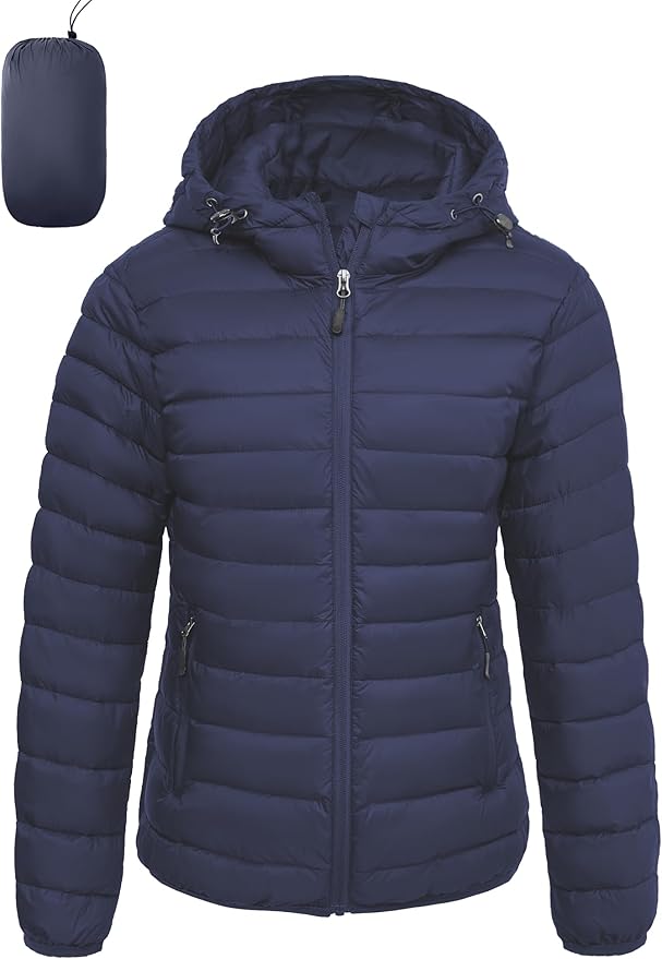 Women's Lightweight Packable Puffer Jacket Quilted Insulated Warm Winter Coat Full-Zip Hooded Outerwear for Hiking Travel