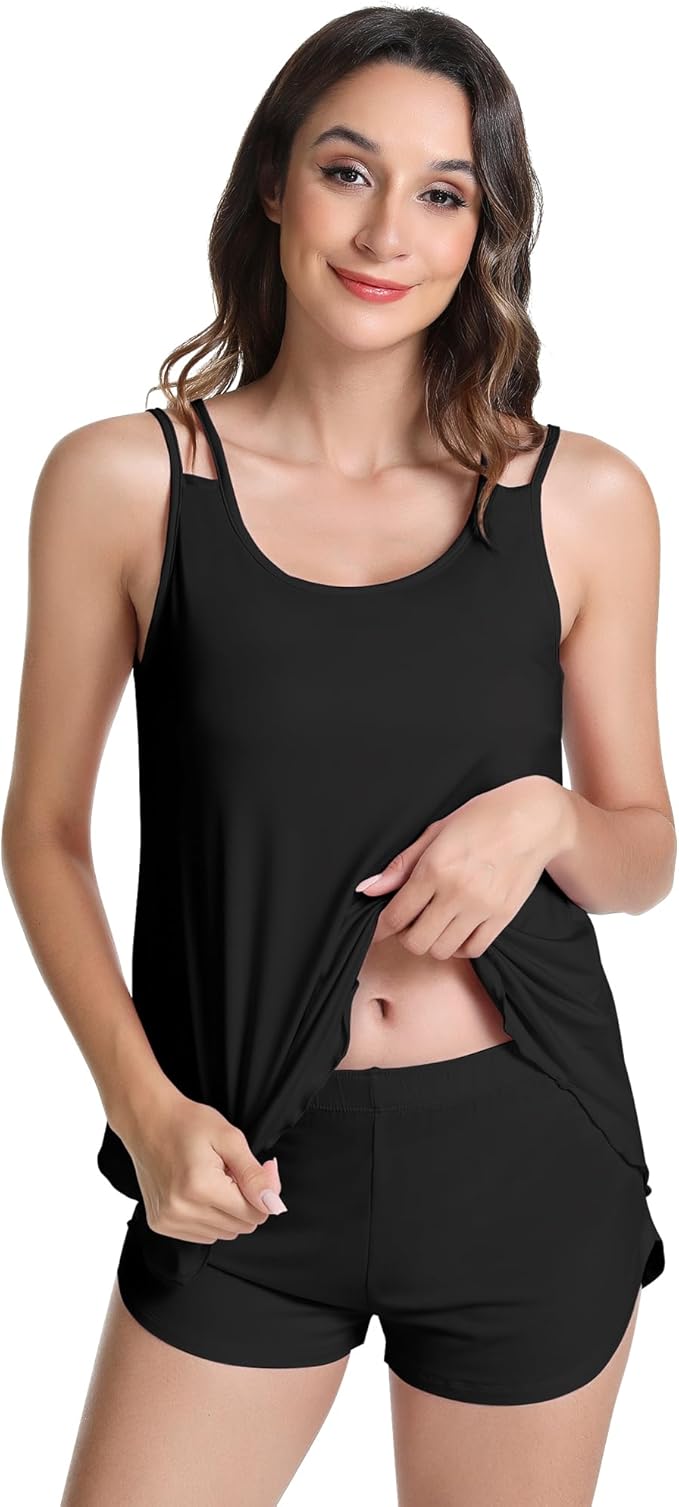 NACHILA Pajamas for Women-Viscose from Bamboo, Ribbed Racerback Tank Top Sexy Split Shorts Pajama Sets Cooling Sleep Cami Pjs