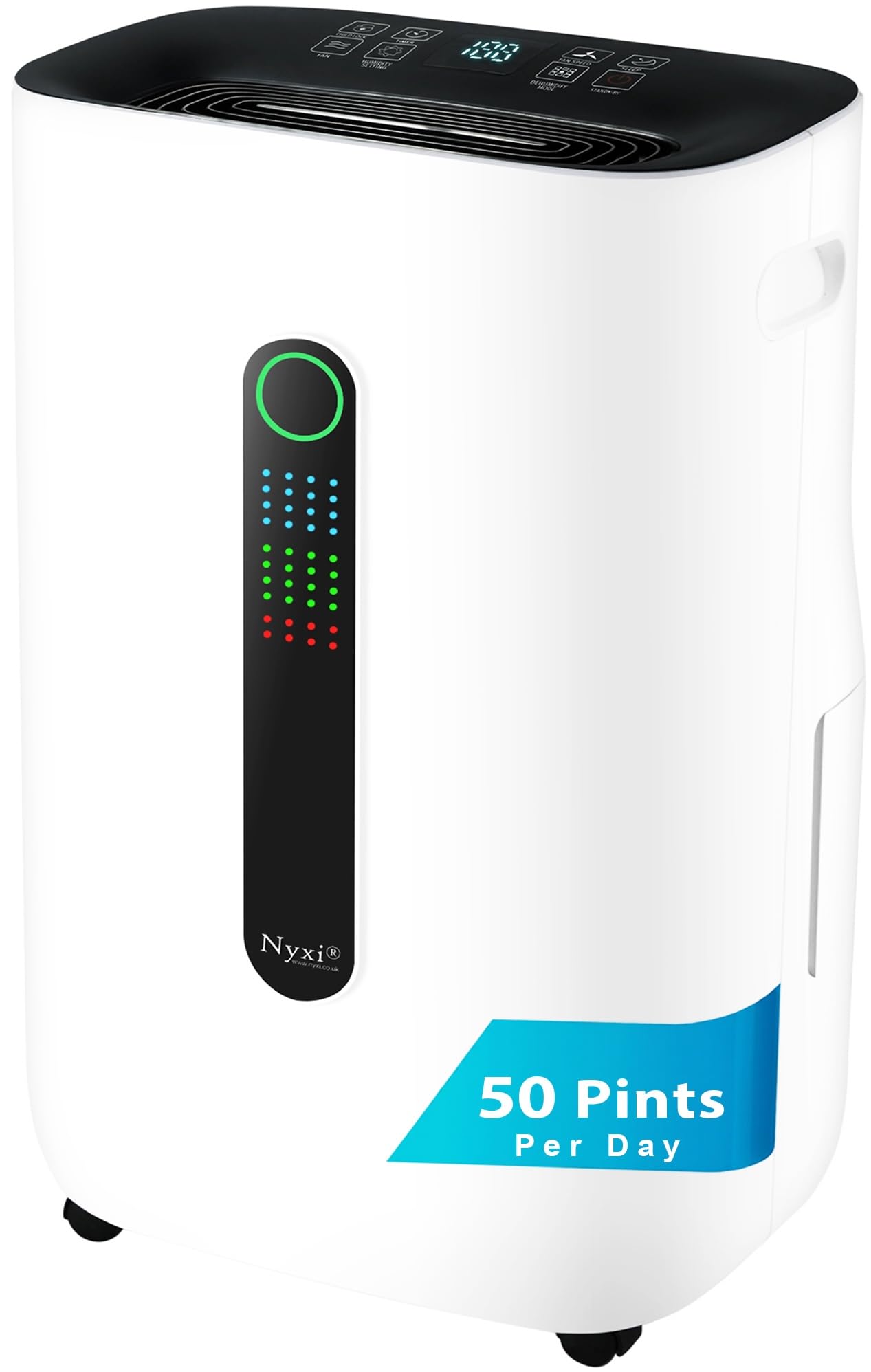 Nyxi 4,500 Sqft / 50 Pints Powerful Compressor Dehumidifier, Smart Digital Humidity Control, XL Water Tank 1.7 Gallon, Drain Hose Option, 24-Hour Timer, Removes Moisture for Home, Laundry, Office
