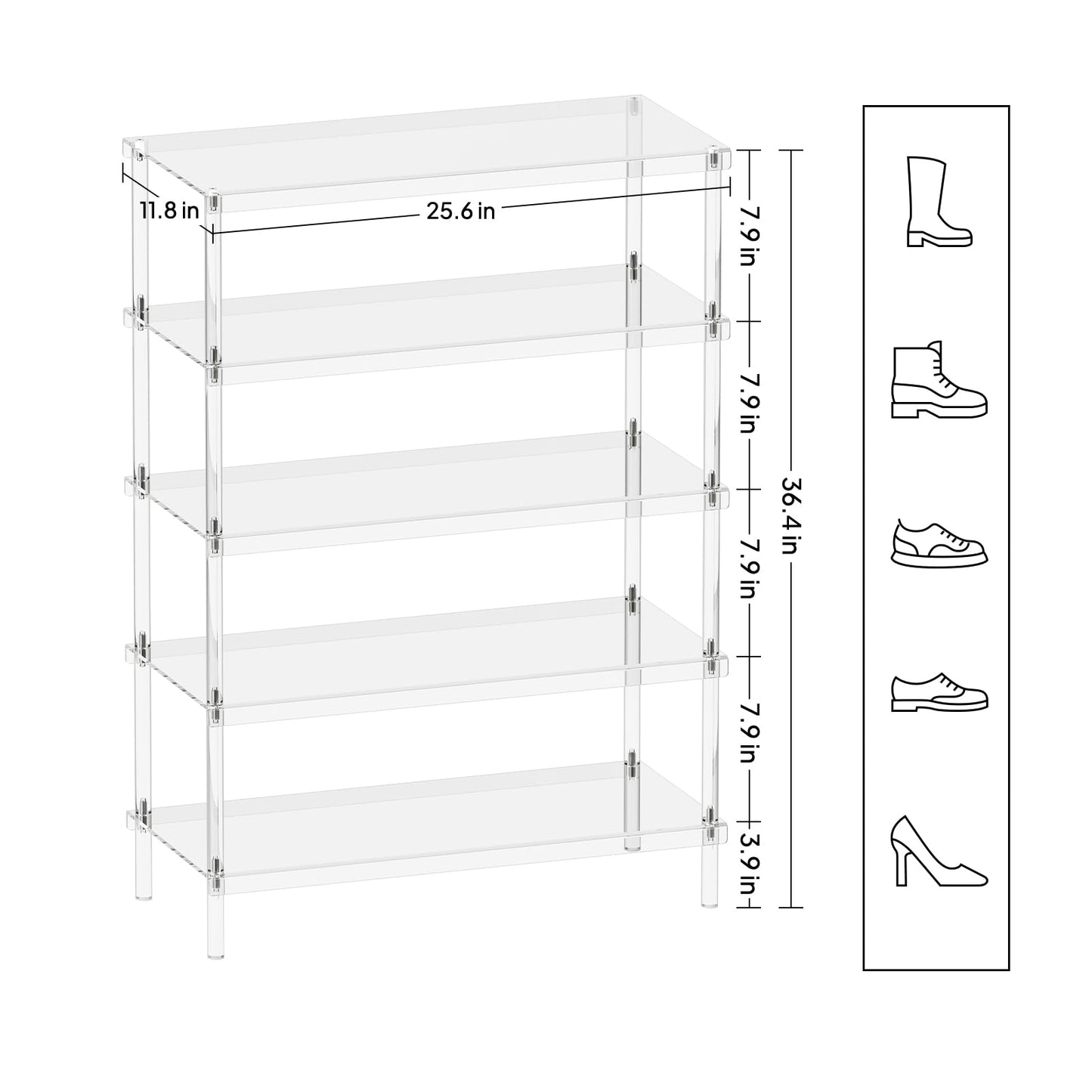 Aquiver 5-Tier Acrylic Shoe Rack - Clear Shoe Rack Organizer - Modern Shoe Storage Shelf, Holds 15-18 Pairs of Shoes for Entryway, Closet - 25.6'' L x 11.8'' W x 36.4'' H, Easy Assembly & Clean