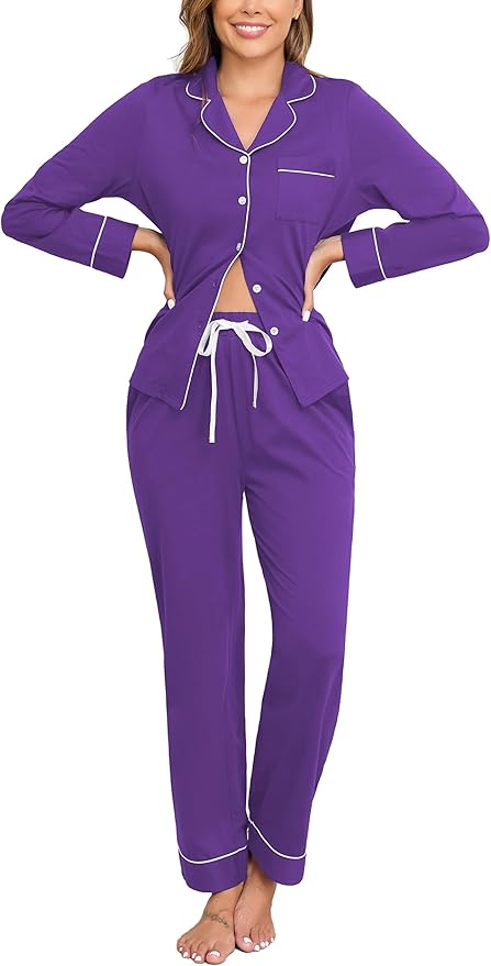 Veseacky 100% Cotton Pajamas for Women Set Long Sleeve Button Down Sleepwear Soft Pjs Lounge Sets with Pockets XS-XXL