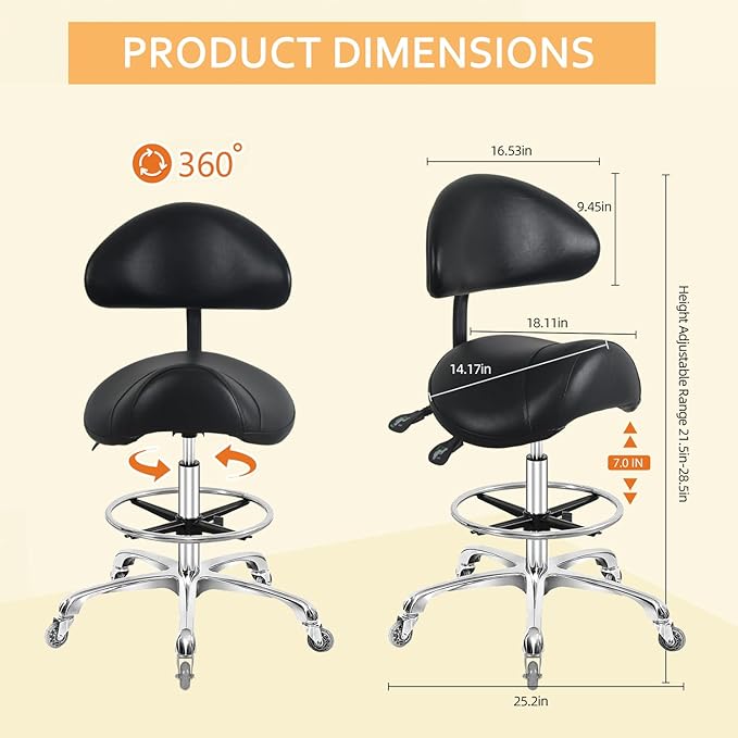 Nazalus Saddle Stool Chair with Back Support Footrest, Heavy-Duty(350LBS), Hydraulic Rolling Swivel Adjustable Stool Chair for Salon Spa Beauty Massage Dental Clinic Home Office Use(Black)