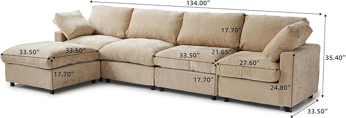 Cloud Couch Modular Sectional Sofa,134" L Shaped Couch, Oversized Convertible Wide Seater,4 Seater with Ottoman for Living Room Set, Covers Washable&Replaceable,Khkai