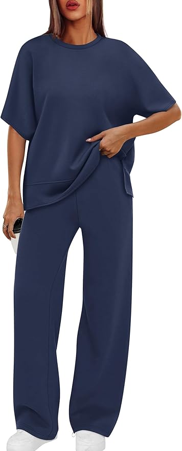 XIEERDUO Women's Side Slit Lounge Sets 2 Piece Travel Outfits Airport Tracksuit Oversized Wide Leg Loungewear S-3XL