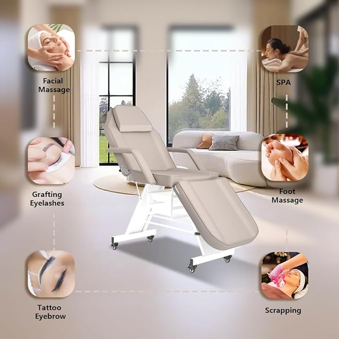 Facial Chair with Wheel Tattoo Bed with Stool for Client Beauty Artist Spa Bed Removable Headrest for Esthetician Gray