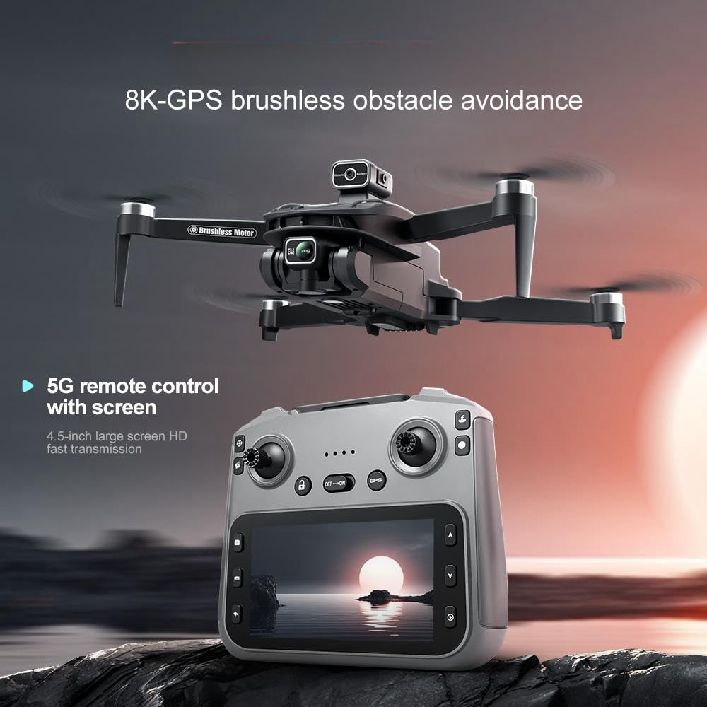 GPS Drone with 4K Dual Cameras, 4.5in Large-Screen Remote - Infrared Obstacle Avoidance, LED Night Lights, Brushless Motors, 2 Rechargeable Batteries, FPV Real-Time Transmission, Hovering Altitude Hold Mode, GPS Auto Return, Follow Me Mode - Foldable Ligh