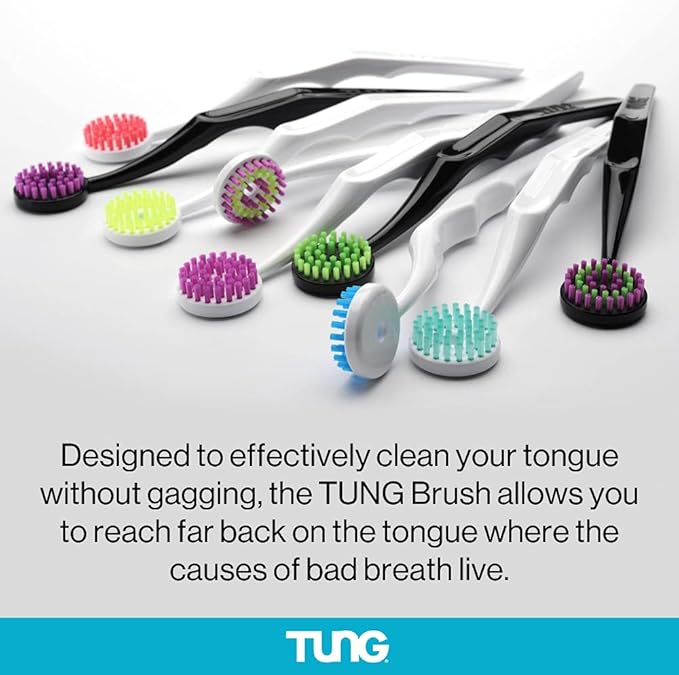 Tung Brush Tongue Cleaner, Plastic Tung Scraper, Tongue Cleaning to Fight Bad Breath, Halitosis Defense, USA Made, 2-Pack w/Cap