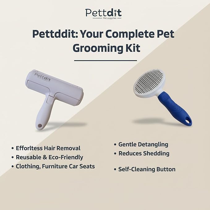 Pettdit Pet Hair Remover & Detailer Bundle – Reusable Lint Roller + Grooming Brush for Cats & Dogs – Removes Fur from Furniture, Carpet, Clothes & Bedding