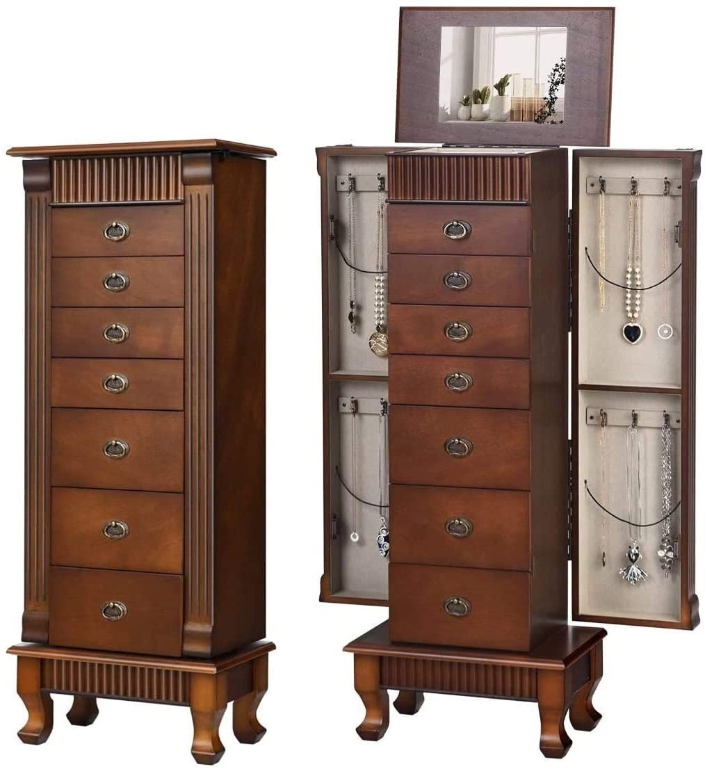 AUGESTER Jewelry Cabinet Armoire Freestanding with Top Mirror, Wooden Jewelry Cabinet w/ 7 Drawers, 2 Swing Doors, 12 Necklace Hooks, Makeup Mirror and Top Divided Storage Organizer, Large Capacity