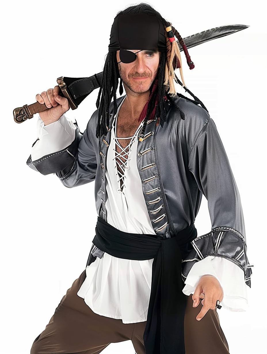 DFZ 2 Pieces Halloween Pirate Costume Accessories Cosplay Bandana Headband Waist Belt Accessories for Women Men Black