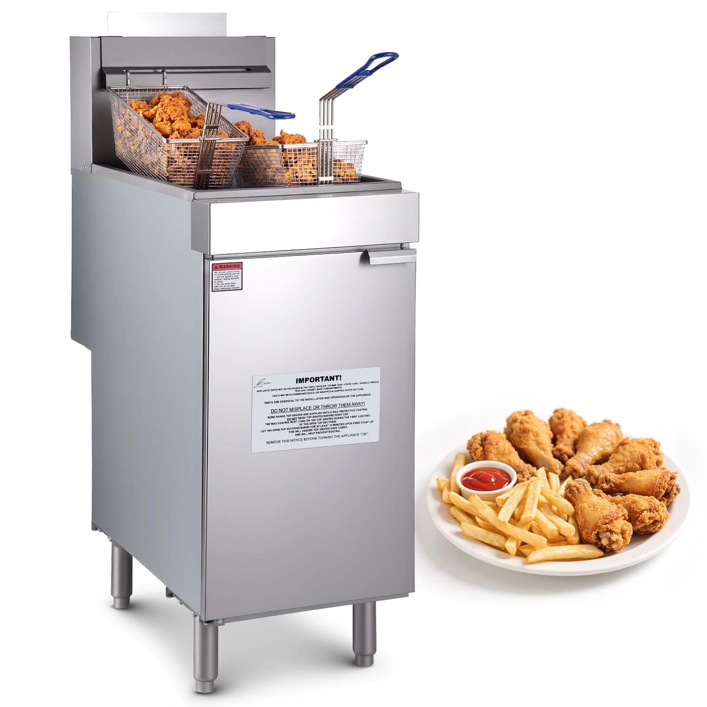 VEVOR Commercial Deep Fryer, 3-Burner Fryer for Restaurants, Stainless Steel Floor Standing Deep Fryers with Dual Baskets and Ad