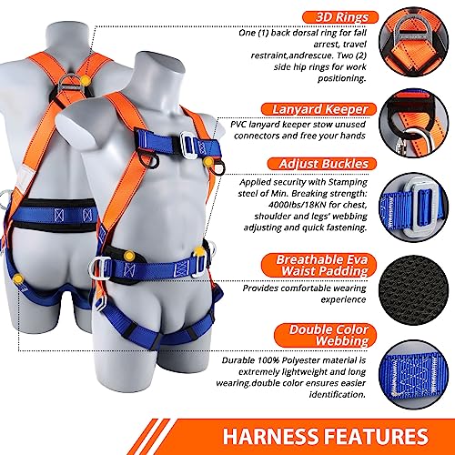 TT TRSMIMA Safety Harness Fall Protection Kit: Full Body Roofing harnesses with Shock Absorbing Lanyard - Updated Comforta...