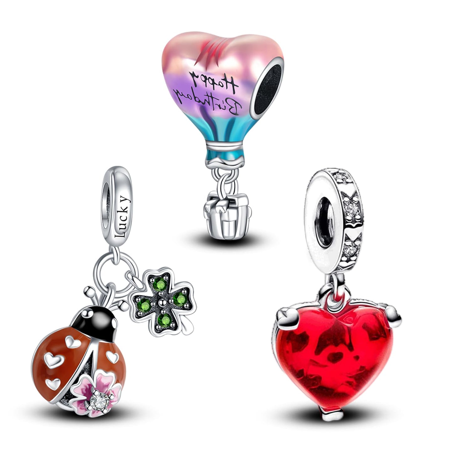 Annmors 925 Sterling Silver Charms fit Bracelets Necklaces Happy Birthday Air Balloon Ladybird Dangle Beads with 5A Cubic Zircon