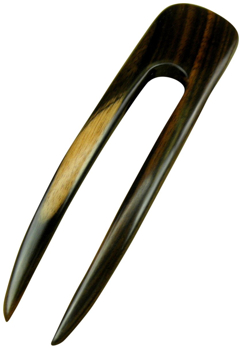 JWL (1) S.E. Asian Ebony Two Prong Curved 5 Inch Hair Stick Pick Pic Pin Fork - Hawaiian Style