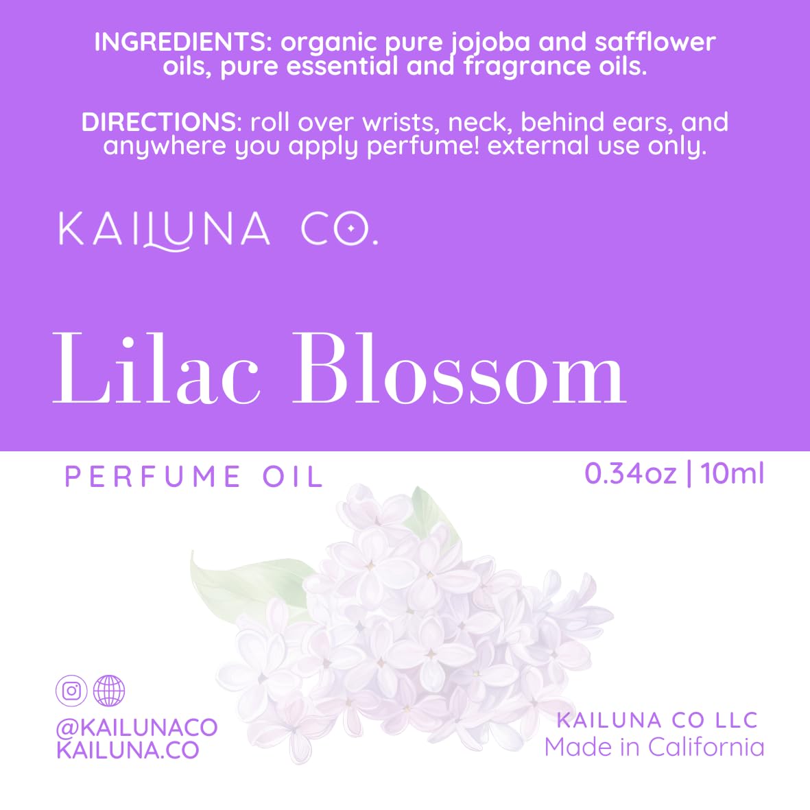 Kailuna Co. Lilac Blossom Delicious Pure Essential and Fragrance Oil Perfume Roll On with Organic Jojoba Oil, Alcohol Free, Small-Batch, Made in California, 0.34 Fl Oz