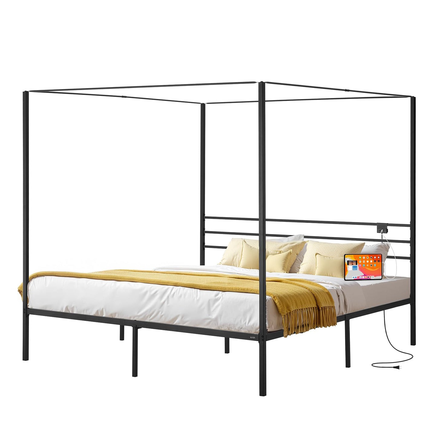 VEVOR King Size Canopy Bed Frame, Metal Canopy Bed with Charging Station and Four Posters Design, Heavy Duty Steel Slats Support, Underbed Storage Space, No Box Spring Needed, Easy Assembly, Black